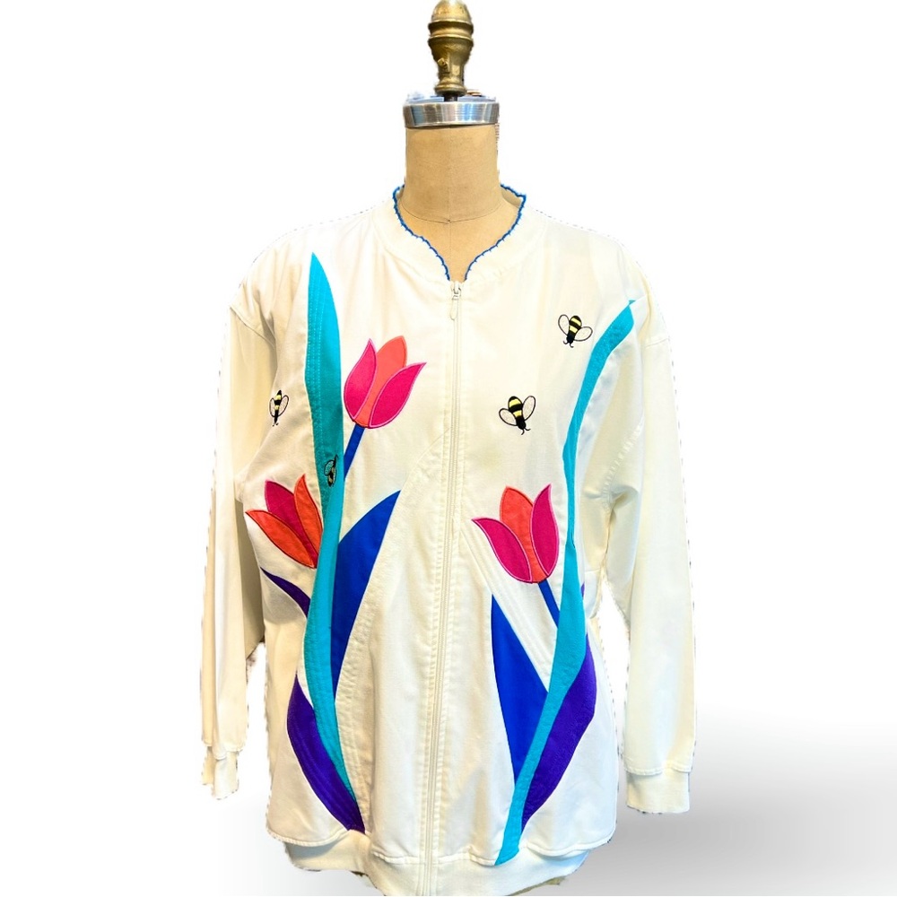 VINTAGE 80s‎ bumblebee tulip flower lightweight zip front jacket coat floral bee